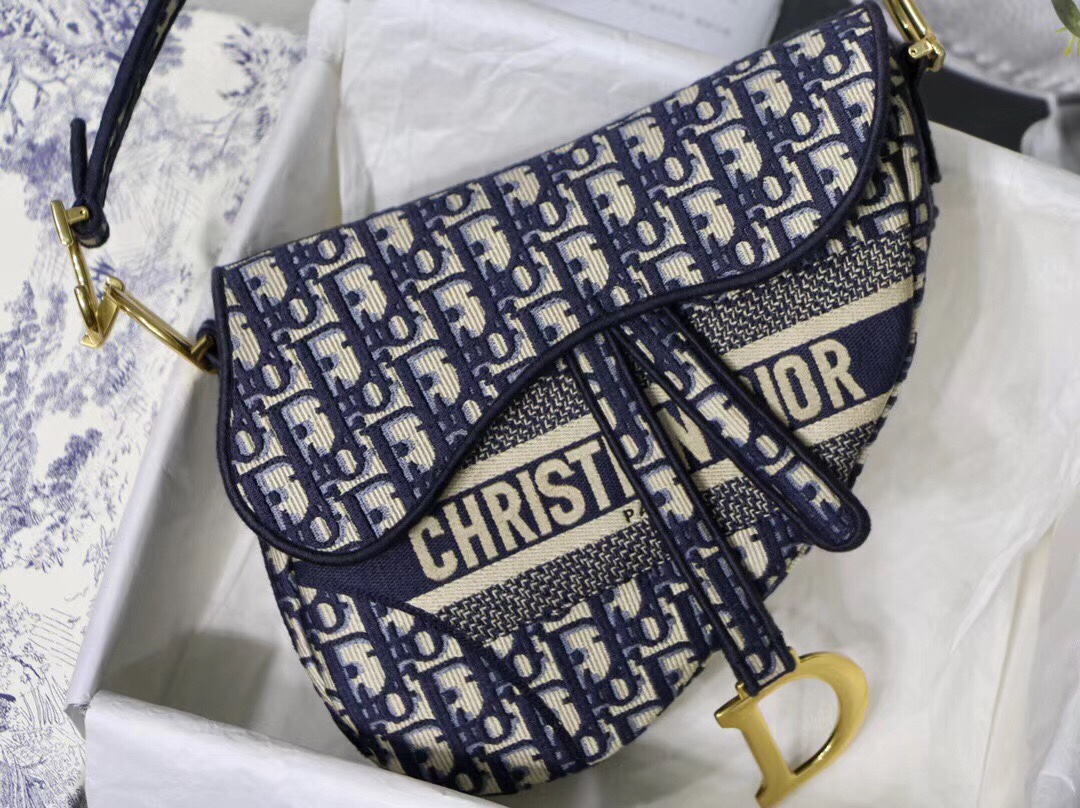 Saddle Bag Blue Dior Oblique Embroidery